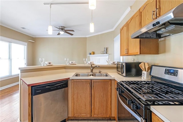 kitchen featuring ceiling fan, sink, crown molding, light wood-type flooring, and appliances with stainless steel finishes