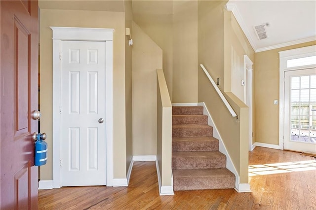 staircase featuring wood-type flooring and crown molding