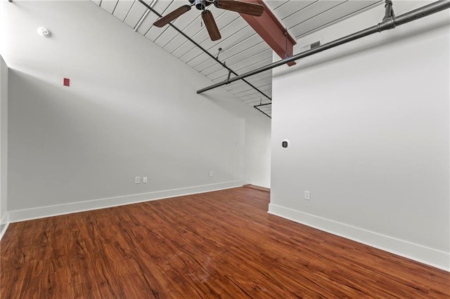 interior space featuring hardwood / wood-style floors, beam ceiling, and ceiling fan