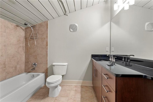 full bathroom featuring tiled shower / bath, vanity, wood ceiling, toilet, and tile patterned floors