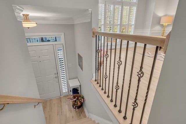 entrance foyer featuring ornamental molding and wood finished floors