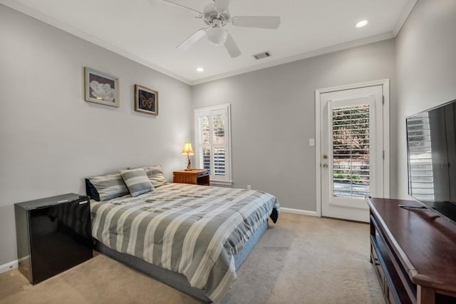 bedroom featuring light carpet, access to outside, visible vents, and crown molding