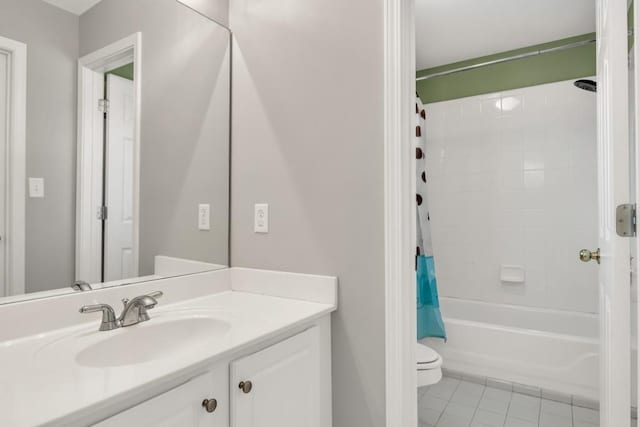 full bath featuring toilet, shower / tub combo, tile patterned floors, and vanity