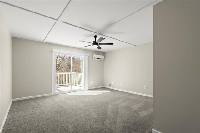 unfurnished room featuring a wall unit AC, a ceiling fan, baseboards, carpet floors, and visible vents