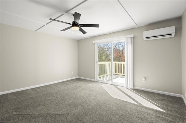 empty room featuring baseboards, carpet, an AC wall unit, and a ceiling fan