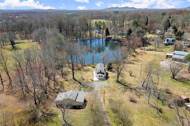 aerial view featuring a view of trees and a water and mountain view