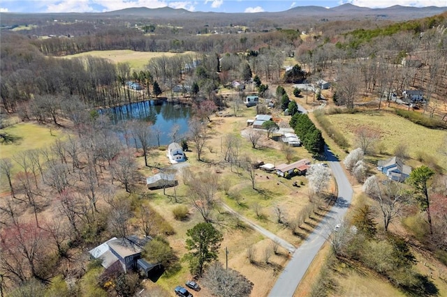 bird's eye view featuring a water and mountain view