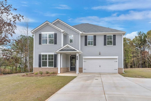 201 Cooper Dr, Mansfield, GA 30055 - view of front facade with brick siding, a garage, driveway, and a front lawn