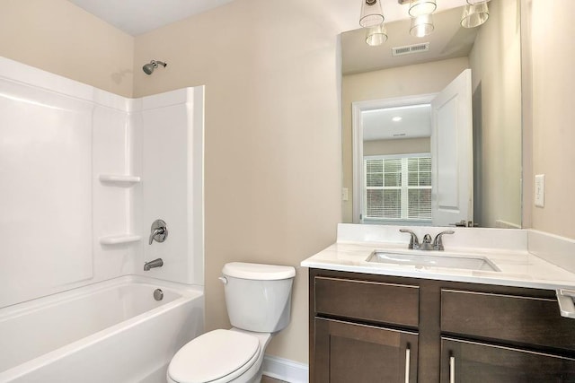 full bathroom with shower / bathing tub combination, vanity, and toilet