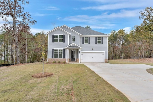 201 Cooper Dr, Mansfield, GA 30055 - traditional-style home with an attached garage, driveway, a front yard, brick siding, and board and batten siding