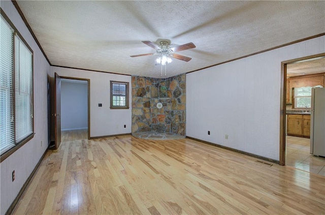 spare room with light wood-style floors, crown molding, and a textured ceiling