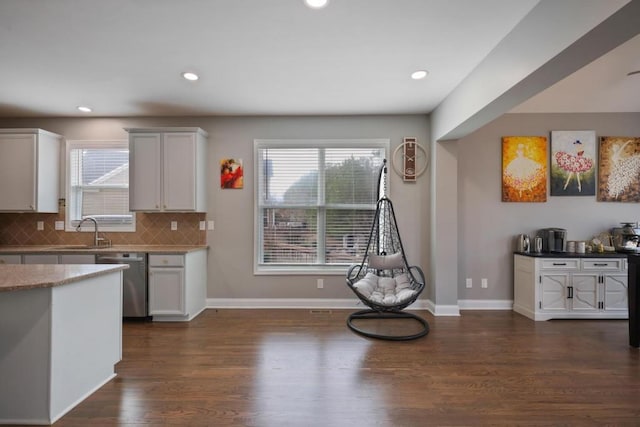 kitchen featuring dishwasher, tasteful backsplash, dark wood-style flooring, and a wealth of natural light