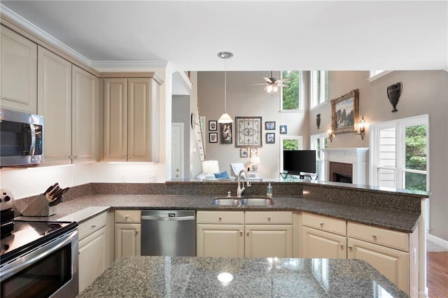 206 Kingsley Way, Woodstock, GA 30188 - kitchen featuring appliances with stainless steel finishes, cream cabinets, a sink, and a ceiling fan