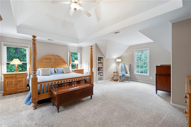 206 Kingsley Way, Woodstock, GA 30188 - bedroom featuring a raised ceiling, carpet flooring, baseboards, ceiling fan, and vaulted ceiling