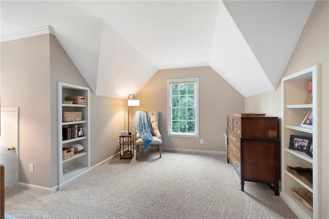 206 Kingsley Way, Woodstock, GA 30188 - living area with carpet, baseboards, built in shelves, and lofted ceiling