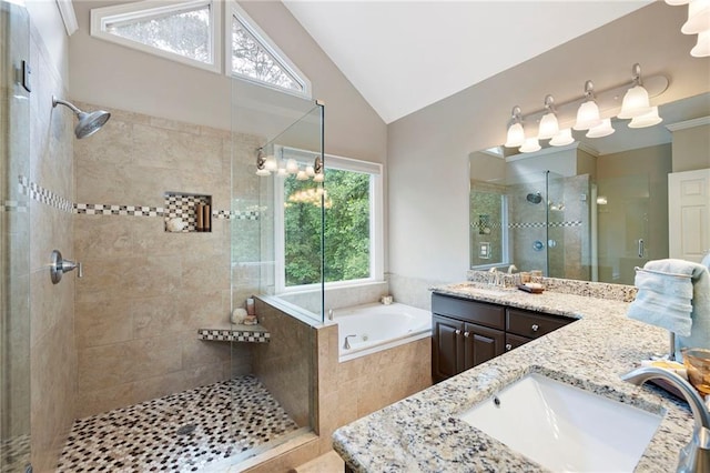 206 Kingsley Way, Woodstock, GA 30188 - full bath featuring two vanities, a stall shower, a bath, and lofted ceiling