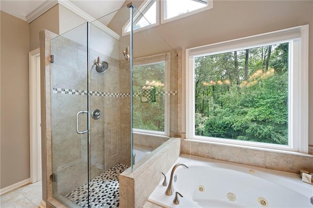 206 Kingsley Way, Woodstock, GA 30188 - full bathroom featuring a jetted tub, a stall shower, and tile patterned floors