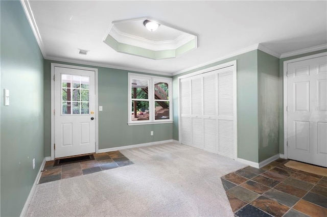 206 Kingsley Way, Woodstock, GA 30188 - entrance foyer with baseboards, crown molding, stone tile floors, and carpet