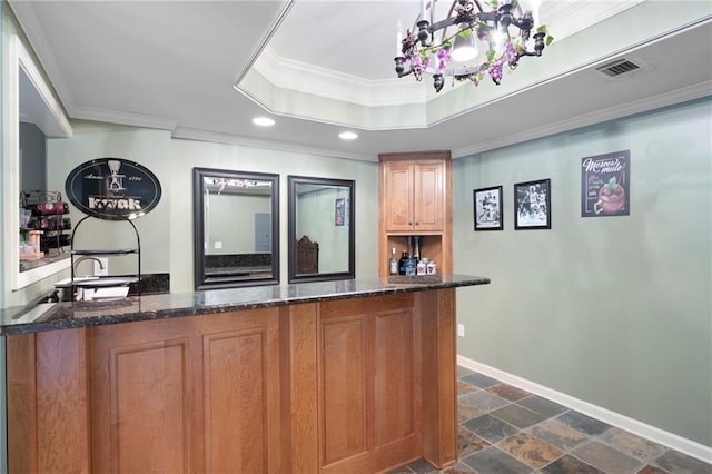206 Kingsley Way, Woodstock, GA 30188 - bar area with stone tile floors, ornamental molding, baseboards, recessed lighting, and a tray ceiling