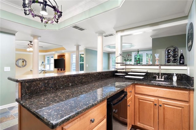 206 Kingsley Way, Woodstock, GA 30188 - indoor wet bar featuring ornate columns, black dishwasher, crown molding, a tray ceiling, and a ceiling fan