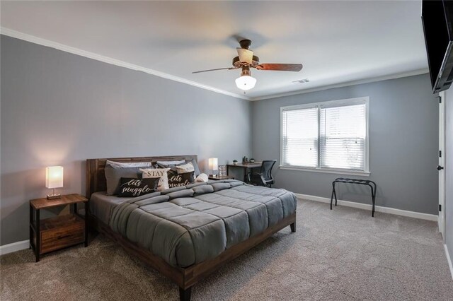 1123 Seaboard Ave NW, Atlanta, GA 30318 - bedroom featuring crown molding, carpet, baseboards, visible vents, and a ceiling fan