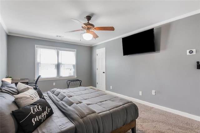 1123 Seaboard Ave NW, Atlanta, GA 30318 - carpeted bedroom with crown molding, baseboards, ceiling fan, and visible vents