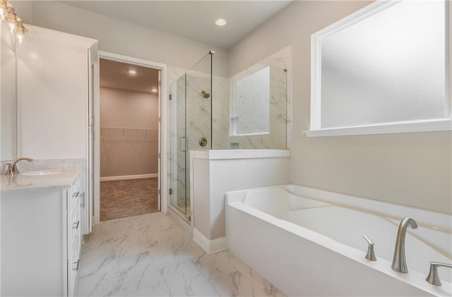 bathroom featuring independent shower and bath and vanity