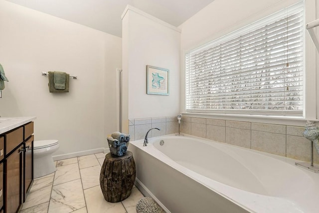 bathroom with vanity, toilet, and a bathing tub