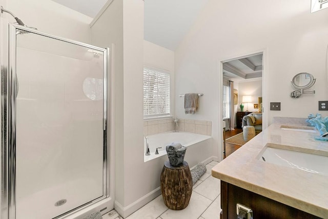 bathroom with vanity, separate shower and tub, and tile patterned flooring