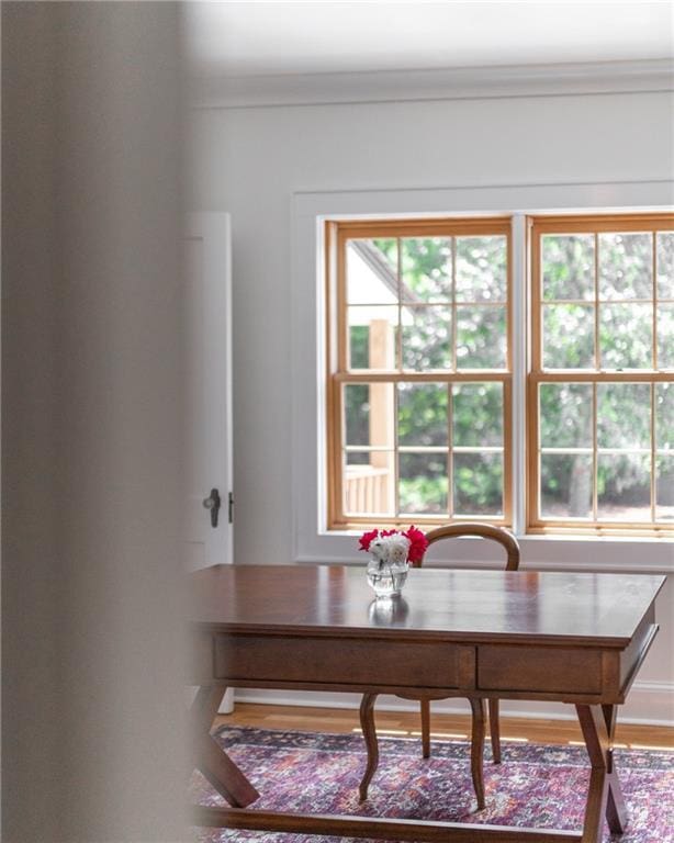 office with plenty of natural light, wood-type flooring, and ornamental molding