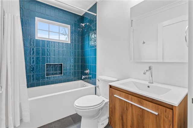 full bathroom featuring shower / bathtub combination with curtain, toilet, vanity, and tile floors