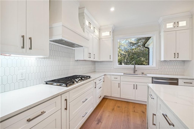 4815 Price Rd, Gainesville, GA 30506 - kitchen featuring custom exhaust hood, appliances with stainless steel finishes, white cabinets, and recessed lighting