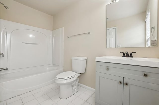 bathroom with baseboards, toilet, shower / bath combination, tile patterned floors, and vanity