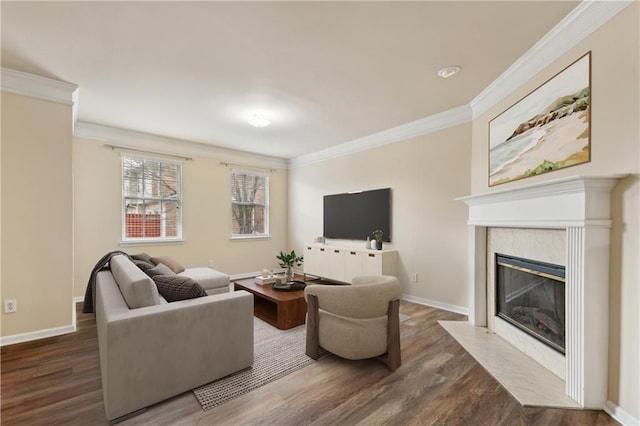 living area with a premium fireplace, wood finished floors, and ornamental molding