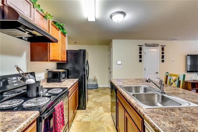 kitchen with under cabinet range hood, range with electric cooktop, a sink, black dishwasher, and stainless steel microwave