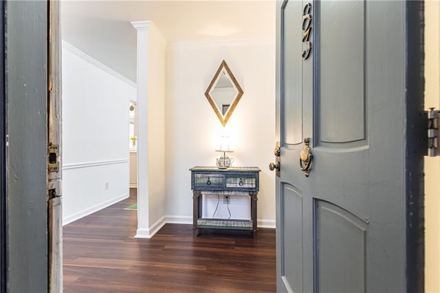 foyer entrance featuring dark hardwood / wood-style floors and ornamental molding