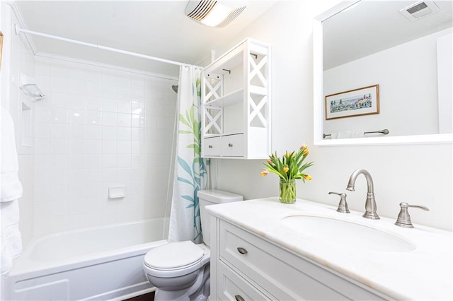 full bathroom featuring toilet, shower / bath combination with curtain, and vanity