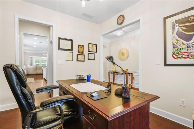 office featuring baseboards, dark wood finished floors, and visible vents