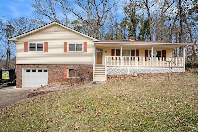 view of front of home featuring covered porch, a garage, asphalt driveway, a chimney, and a front lawn