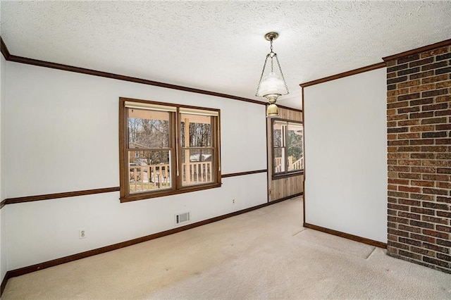 spare room featuring healthy amount of natural light, light colored carpet, baseboards, ornamental molding, and a textured ceiling