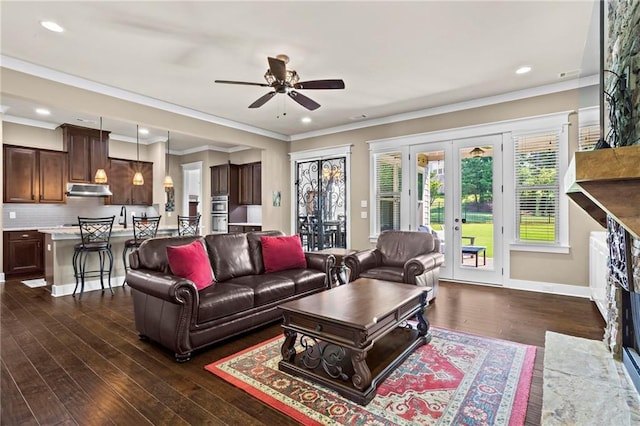 105 Laurel Canyon Trl, Canton, GA 30114 - living area with a ceiling fan, ornamental molding, dark wood finished floors, and recessed lighting