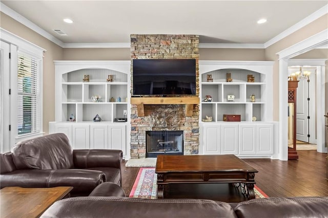 105 Laurel Canyon Trl, Canton, GA 30114 - living room with a fireplace, wood finished floors, crown molding, and recessed lighting