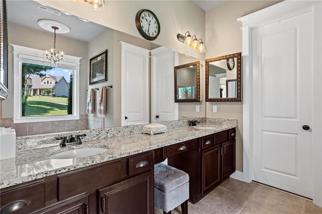 105 Laurel Canyon Trl, Canton, GA 30114 - full bath featuring double vanity, tile patterned flooring, and a chandelier