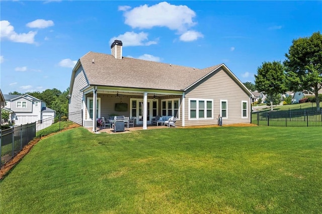 105 Laurel Canyon Trl, Canton, GA 30114 - rear view of property featuring a fenced backyard, a patio, a chimney, and roof with shingles