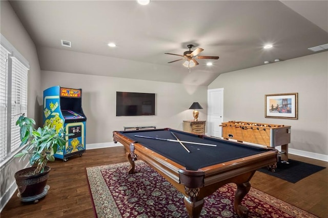 105 Laurel Canyon Trl, Canton, GA 30114 - game room with ceiling fan, dark wood finished floors, billiards, recessed lighting, and vaulted ceiling
