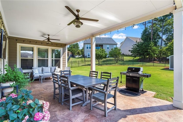 105 Laurel Canyon Trl, Canton, GA 30114 - fenced backyard featuring grilling area, an outdoor living space, a patio area, outdoor dining space, and ceiling fan