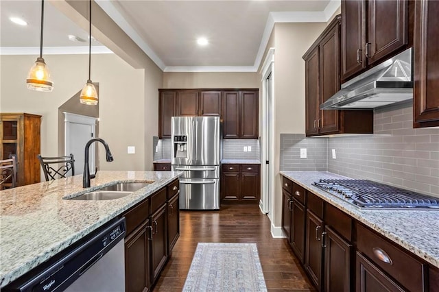 105 Laurel Canyon Trl, Canton, GA 30114 - kitchen with appliances with stainless steel finishes, under cabinet range hood, dark wood-style floors, crown molding, and light stone countertops