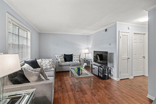 living room featuring crown molding and dark wood-type flooring