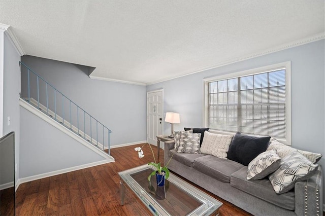 living room featuring crown molding and dark hardwood / wood-style floors