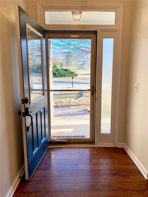 entryway featuring dark wood-style floors and baseboards